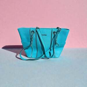 Calvin Klein Hayden Saffiano Leather Chain Tote Bag Turquoise Cyan